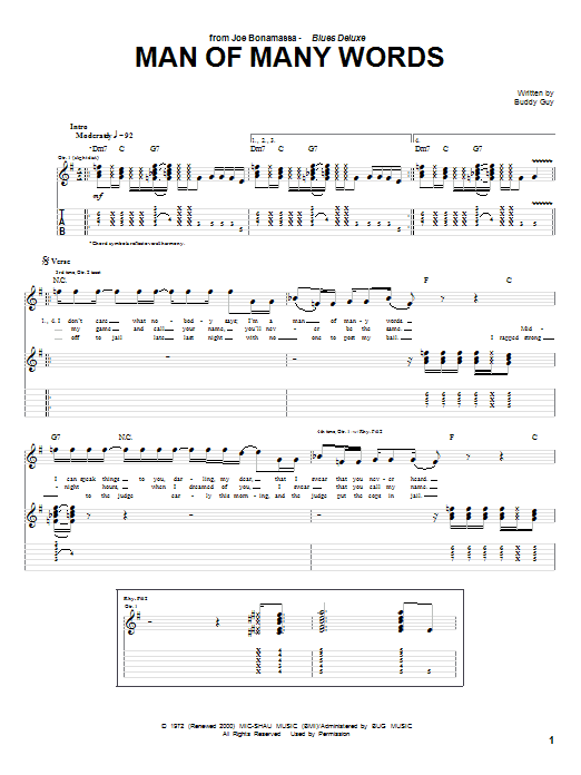 Joe Bonamassa Man Of Many Words Sheet Music Notes & Chords for Guitar Tab - Download or Print PDF