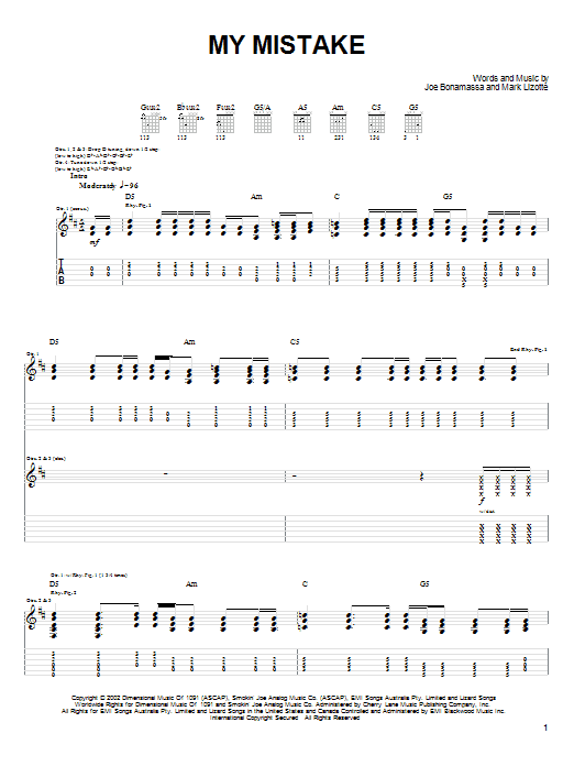 Joe Bonamassa My Mistake Sheet Music Notes & Chords for Guitar Tab - Download or Print PDF