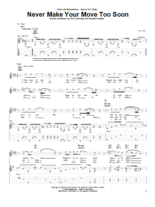 Joe Bonamassa Never Make Your Move Too Soon Sheet Music Notes & Chords for Guitar Tab Play-Along - Download or Print PDF