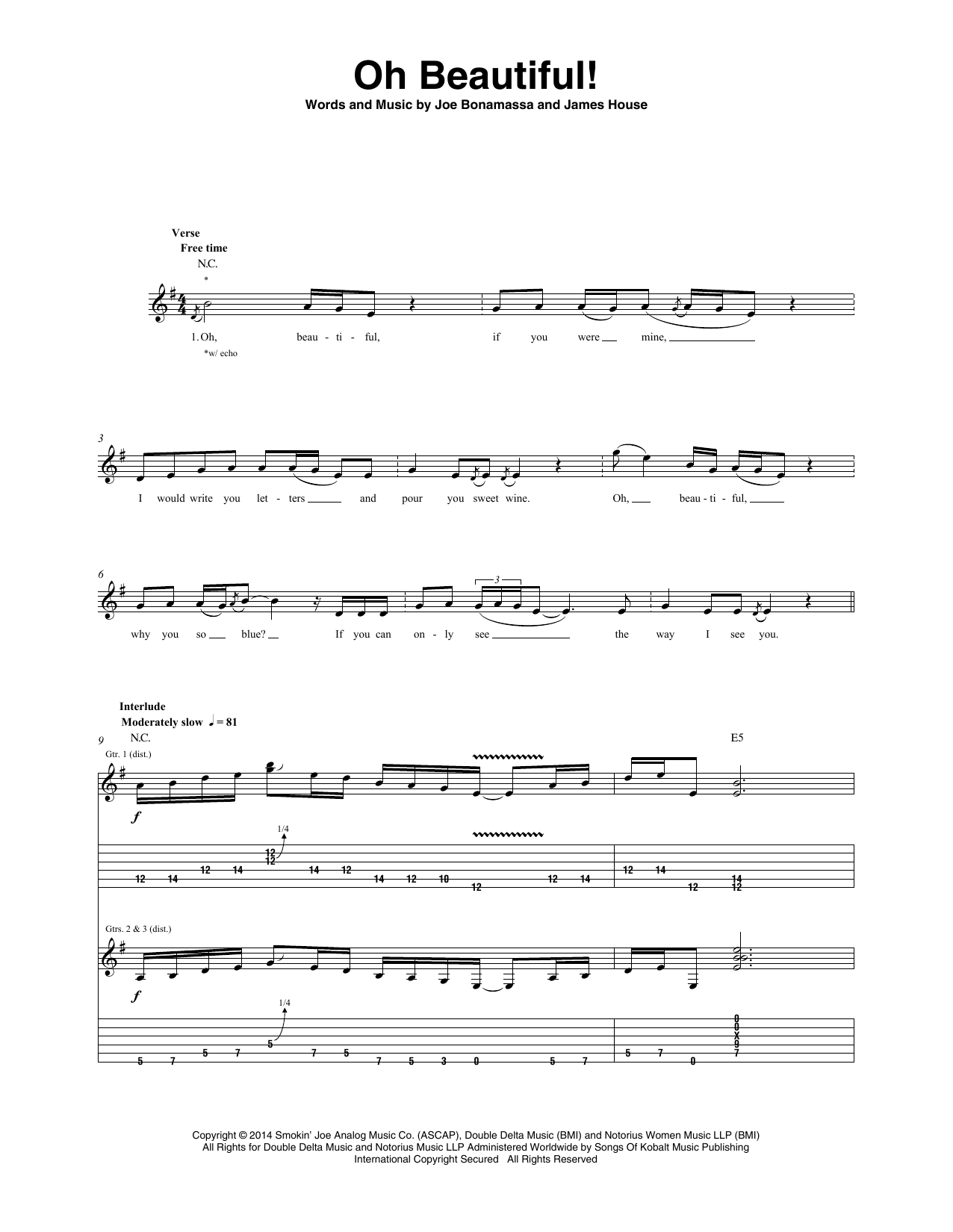 Joe Bonamassa Oh Beautiful! Sheet Music Notes & Chords for Guitar Tab - Download or Print PDF