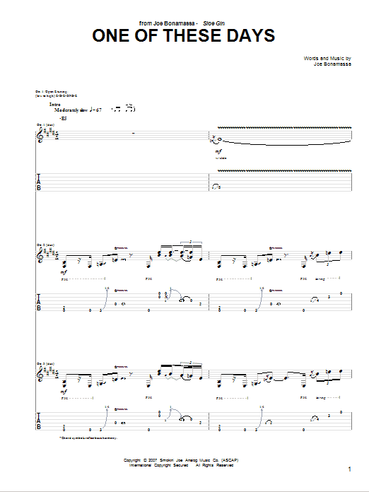 Joe Bonamassa One Of These Days Sheet Music Notes & Chords for Guitar Tab - Download or Print PDF