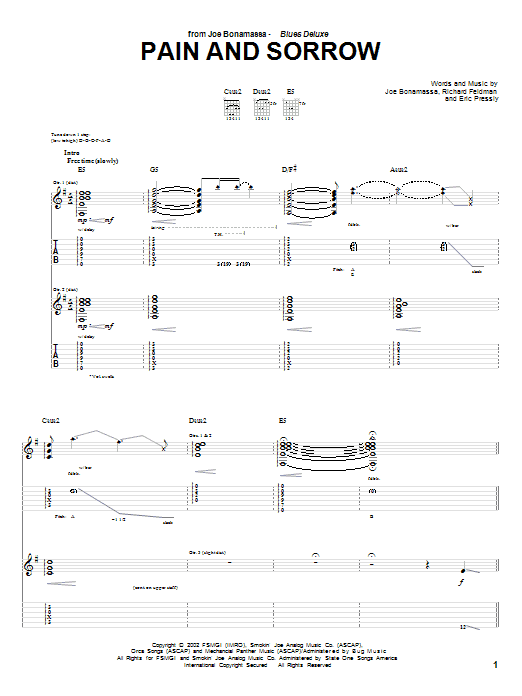 Joe Bonamassa Pain And Sorrow Sheet Music Notes & Chords for Guitar Tab - Download or Print PDF