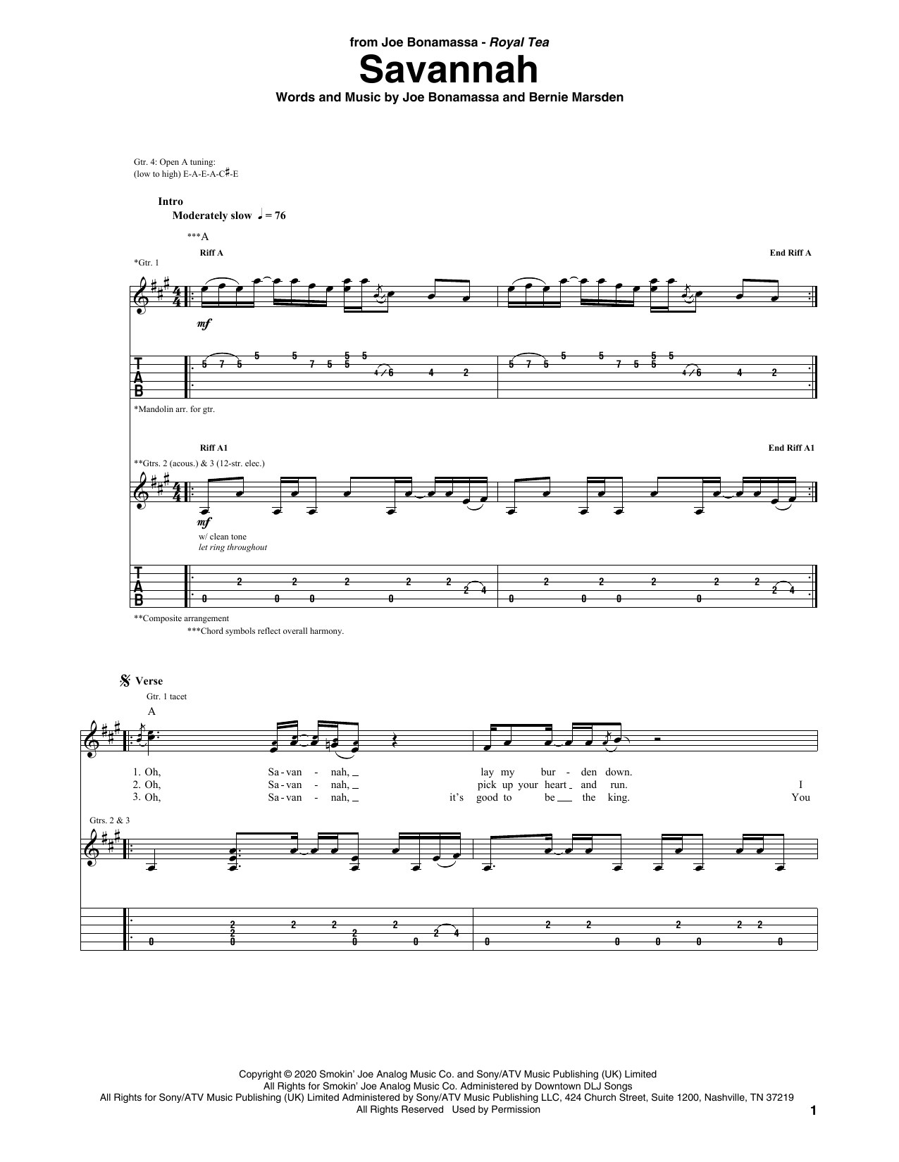 Joe Bonamassa Savannah Sheet Music Notes & Chords for Guitar Tab - Download or Print PDF