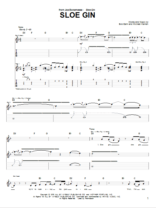 Joe Bonamassa Sloe Gin Sheet Music Notes & Chords for Guitar Tab Play-Along - Download or Print PDF