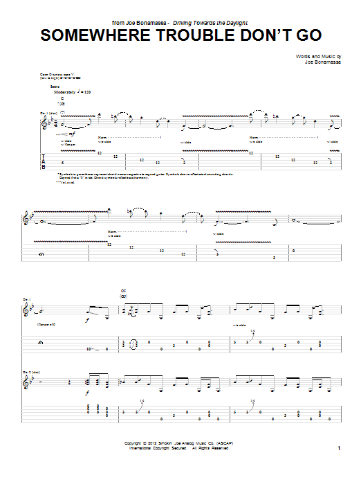Joe Bonamassa Somewhere Trouble Don't Go Sheet Music Notes & Chords for Guitar Tab - Download or Print PDF