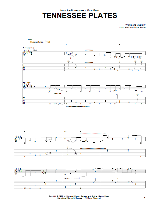 Joe Bonamassa Tennessee Plates Sheet Music Notes & Chords for Guitar Tab - Download or Print PDF