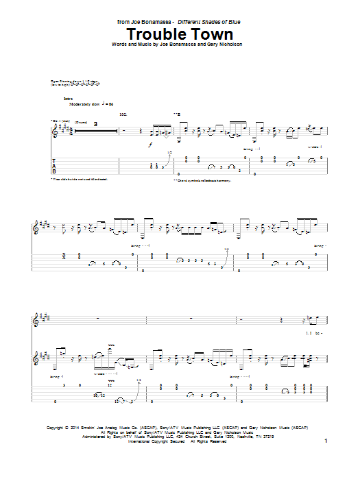 Joe Bonamassa Trouble Town Sheet Music Notes & Chords for Guitar Tab - Download or Print PDF