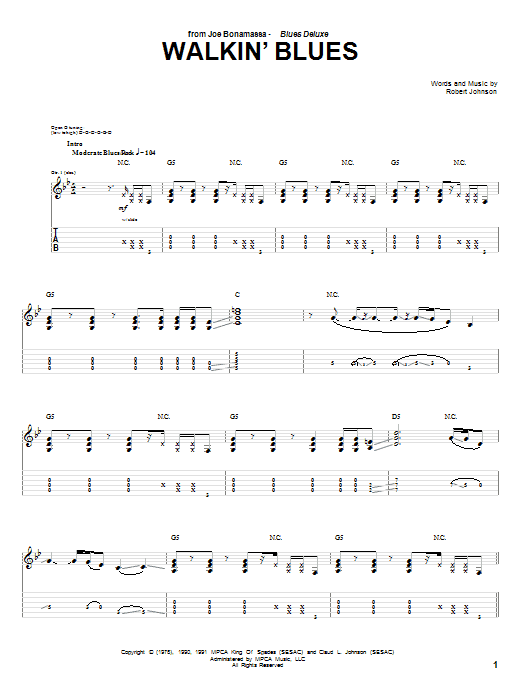 Joe Bonamassa Walkin' Blues Sheet Music Notes & Chords for Guitar Tab - Download or Print PDF