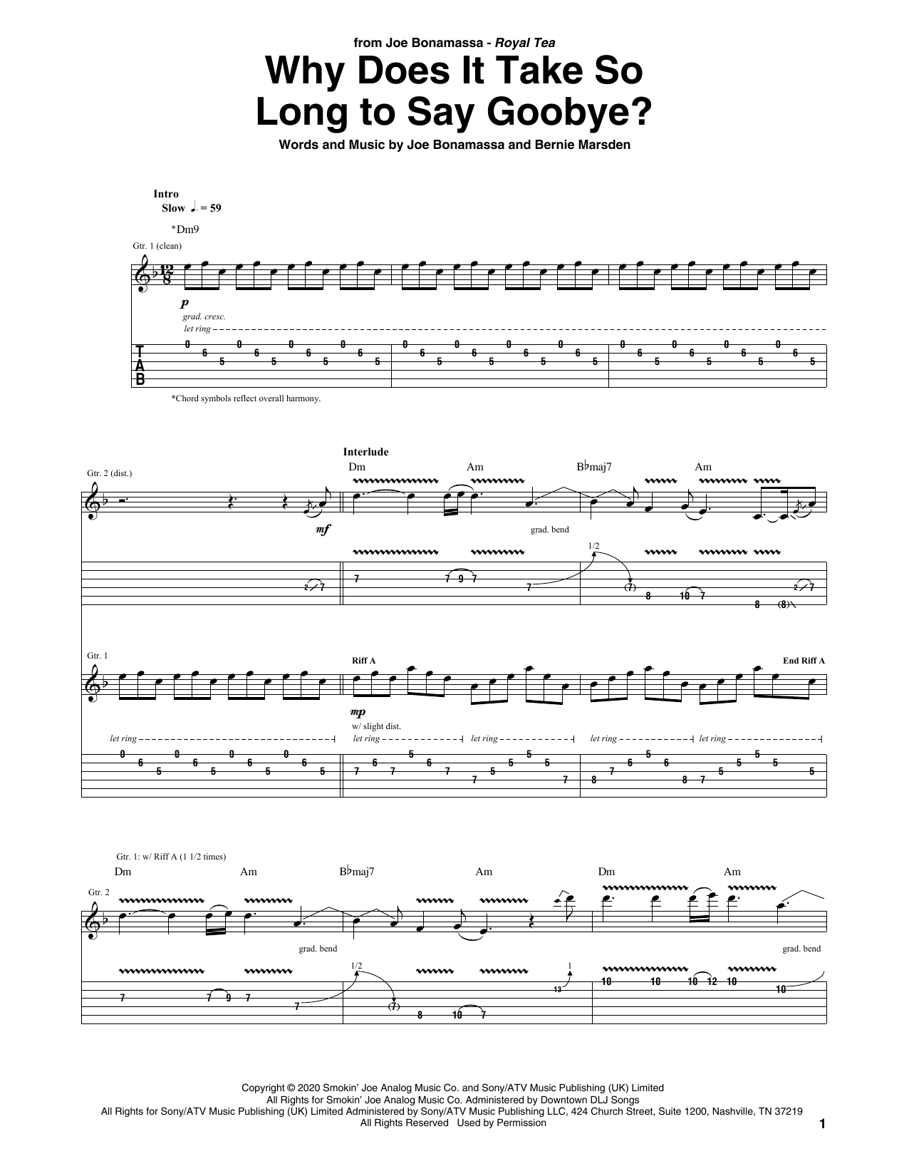 Joe Bonamassa Why Does It Take So Long To Say Goodbye? Sheet Music Notes & Chords for Guitar Tab - Download or Print PDF