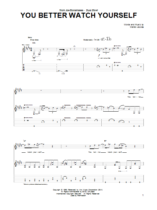 Joe Bonamassa You Better Watch Yourself Sheet Music Notes & Chords for Guitar Tab - Download or Print PDF