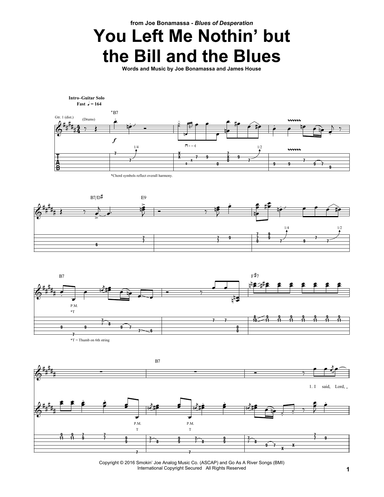 Joe Bonamassa You Left Me Nothin' But The Bill And The Blues Sheet Music Notes & Chords for Guitar Tab - Download or Print PDF