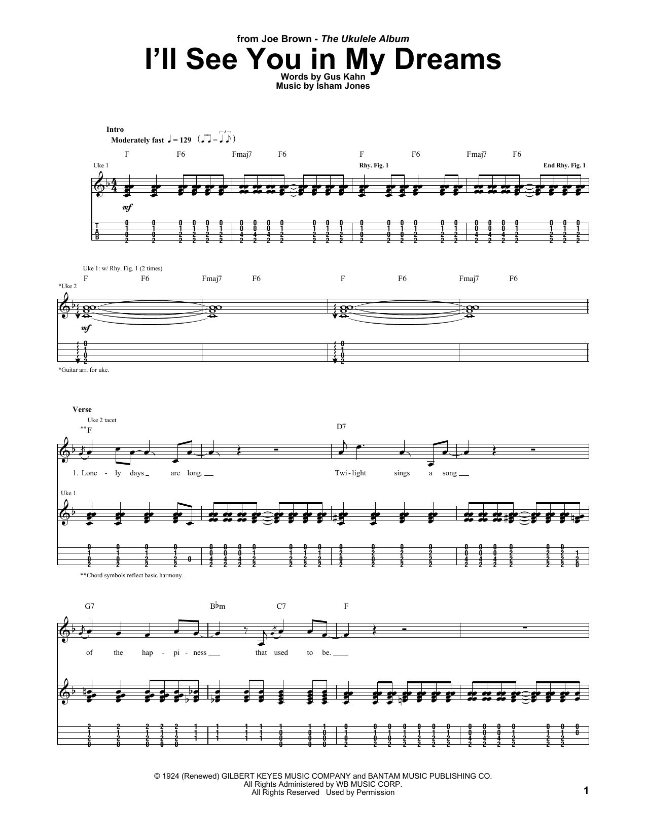 Joe Brown I'll See You In My Dreams Sheet Music Notes & Chords for UKETAB - Download or Print PDF