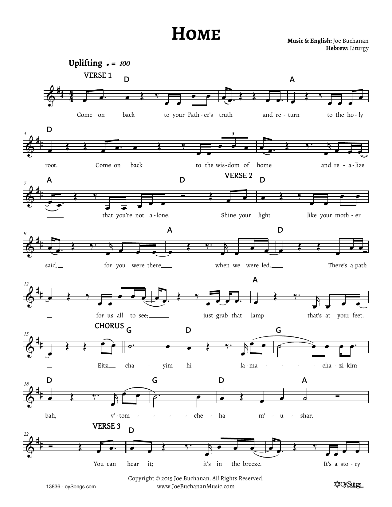 Joe Buchanan Home Sheet Music Notes & Chords for Melody Line, Lyrics & Chords - Download or Print PDF