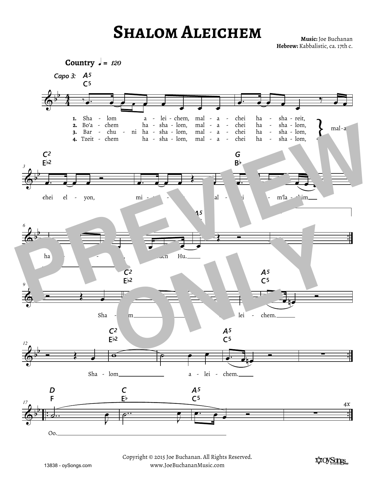 Joe Buchanan Shalom Aleichem Sheet Music Notes & Chords for Melody Line, Lyrics & Chords - Download or Print PDF