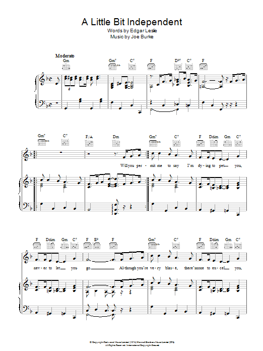 Joe Burke A Little Bit Independent Sheet Music Notes & Chords for Piano, Vocal & Guitar (Right-Hand Melody) - Download or Print PDF