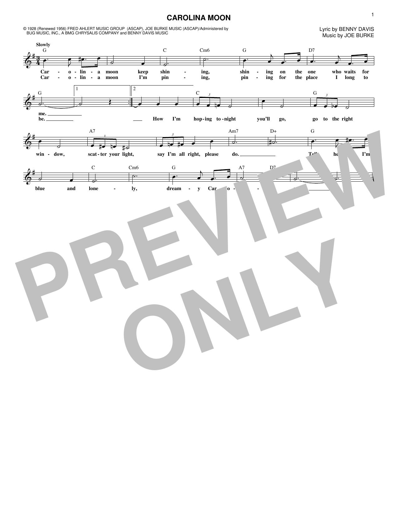 Joe Burke Carolina Moon Sheet Music Notes & Chords for Melody Line, Lyrics & Chords - Download or Print PDF