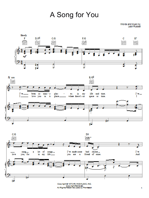 Joe Cocker A Song For You Sheet Music Notes & Chords for Piano, Vocal & Guitar (Right-Hand Melody) - Download or Print PDF