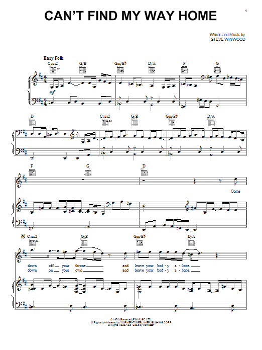 Joe Cocker Can't Find My Way Home Sheet Music Notes & Chords for Piano, Vocal & Guitar (Right-Hand Melody) - Download or Print PDF