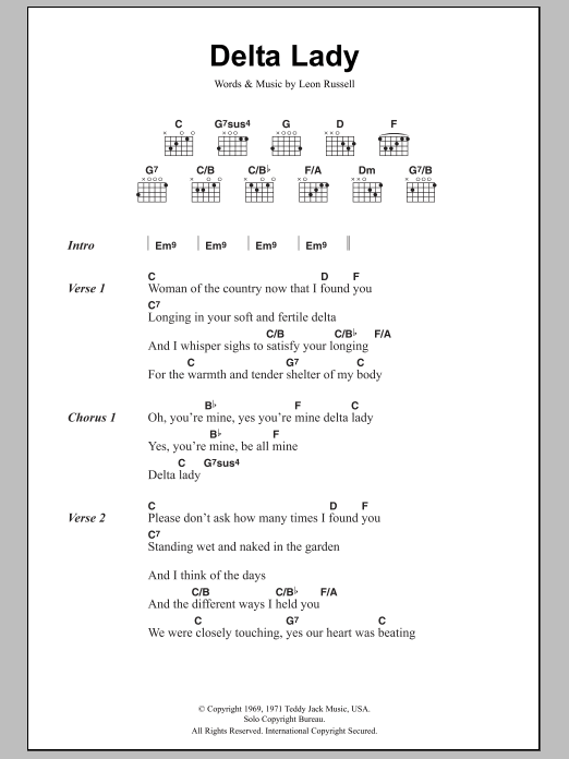 Joe Cocker Delta Lady Sheet Music Notes & Chords for Lyrics & Chords - Download or Print PDF