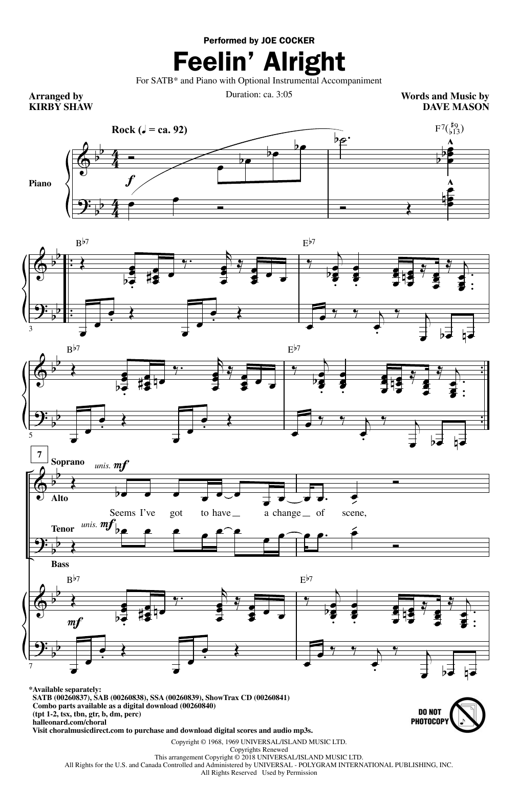 Joe Cocker Feelin' Alright (arr. Kirby Shaw) Sheet Music Notes & Chords for SATB - Download or Print PDF