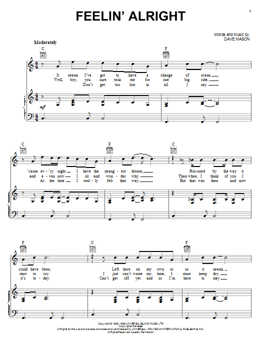 Joe Cocker Feelin' Alright Sheet Music Notes & Chords for Easy Guitar - Download or Print PDF