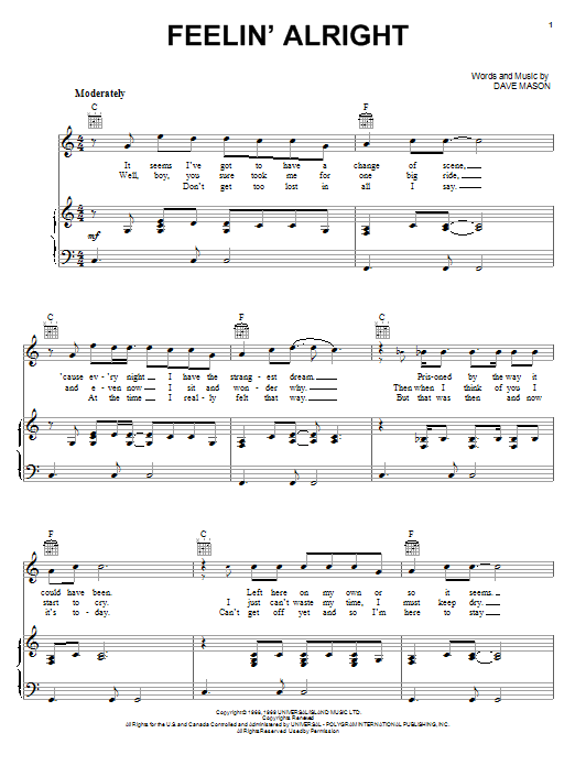Joe Cocker Feelin' Alright Sheet Music Notes & Chords for Piano, Vocal & Guitar (Right-Hand Melody) - Download or Print PDF