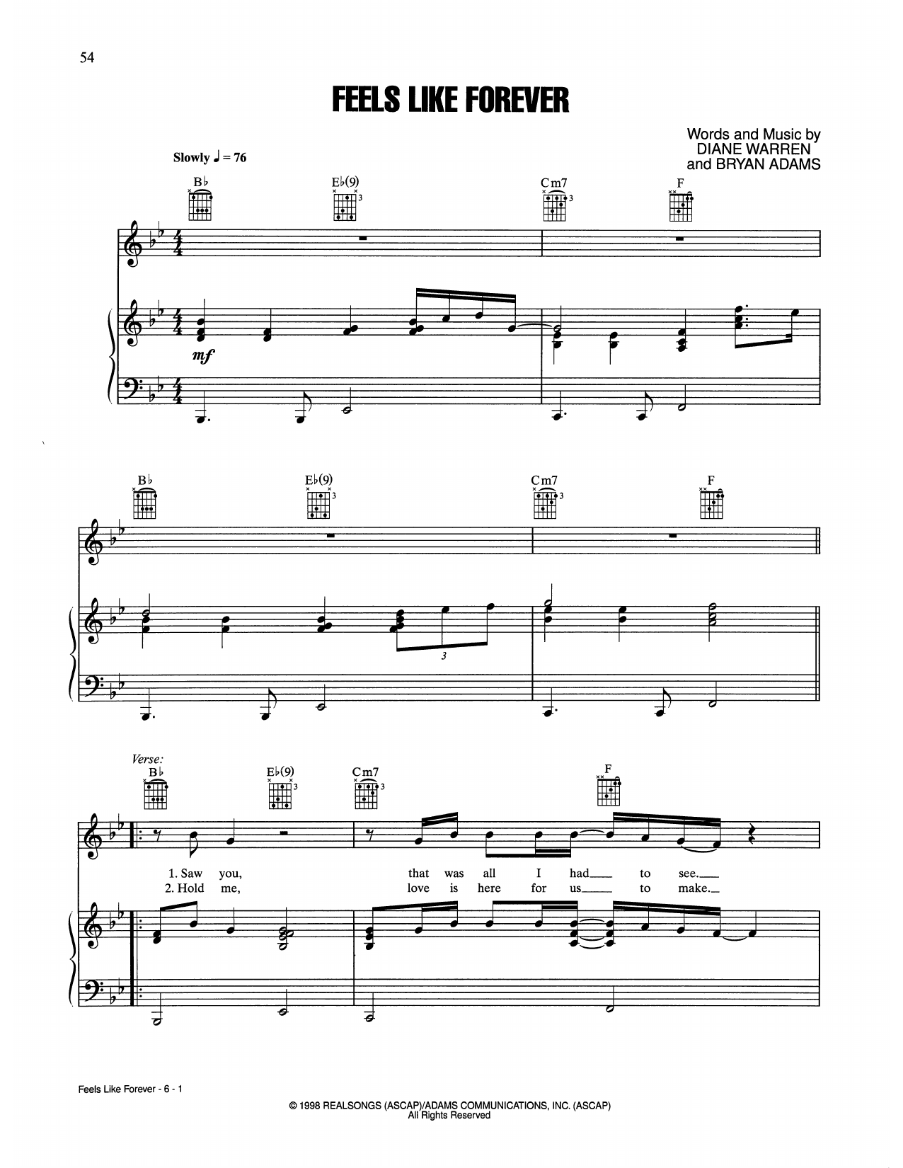 Joe Cocker Feels Like Forever Sheet Music Notes & Chords for Piano, Vocal & Guitar Chords (Right-Hand Melody) - Download or Print PDF