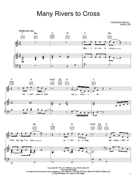 Joe Cocker Many Rivers To Cross Sheet Music Notes & Chords for Piano, Vocal & Guitar (Right-Hand Melody) - Download or Print PDF