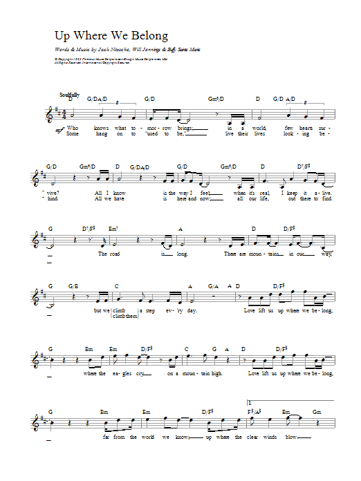 Joe Cocker Up Where We Belong Sheet Music Notes & Chords for Piano, Vocal & Guitar (Right-Hand Melody) - Download or Print PDF