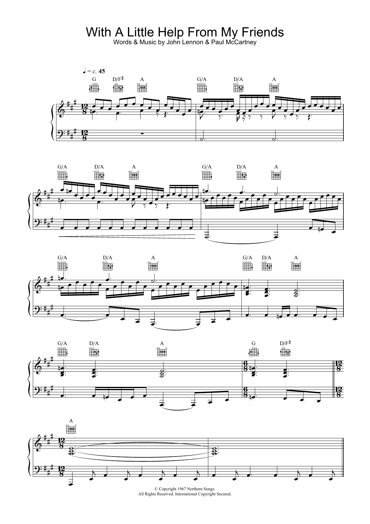 Joe Cocker With A Little Help From My Friends Sheet Music Notes & Chords for Piano, Vocal & Guitar - Download or Print PDF