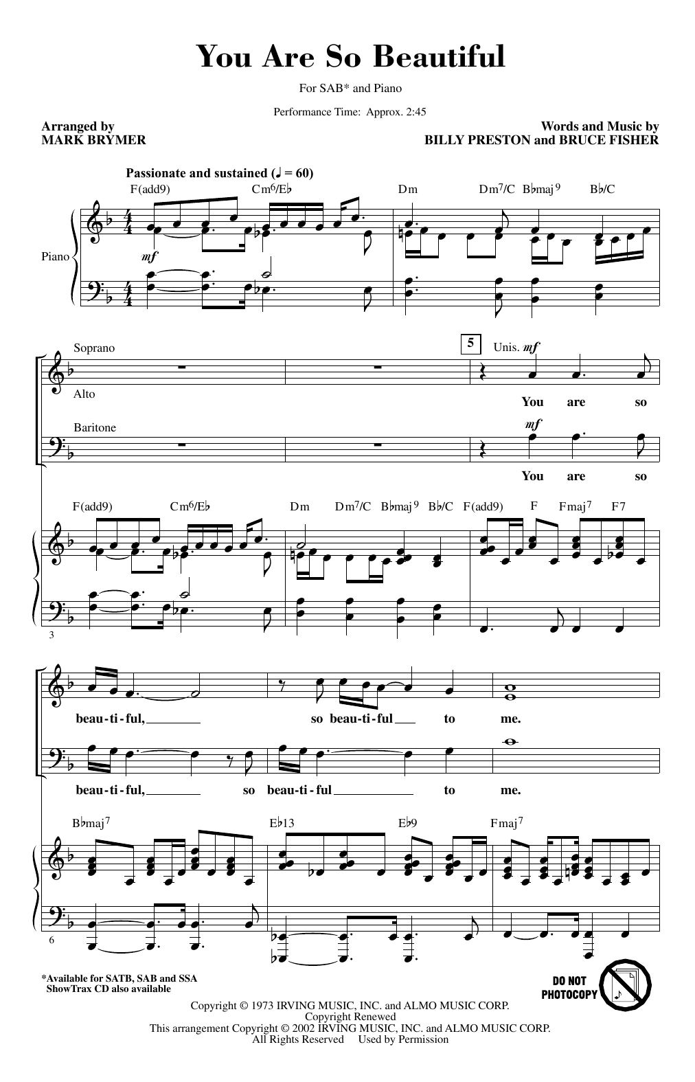 Joe Cocker You Are So Beautiful (arr. Mark Brymer) Sheet Music Notes & Chords for SSA Choir - Download or Print PDF