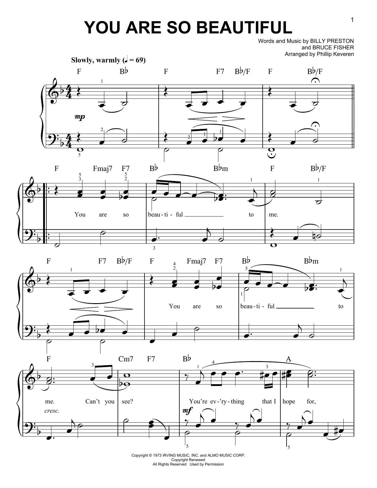 Joe Cocker You Are So Beautiful (arr. Phillip Keveren) Sheet Music Notes & Chords for Easy Piano - Download or Print PDF