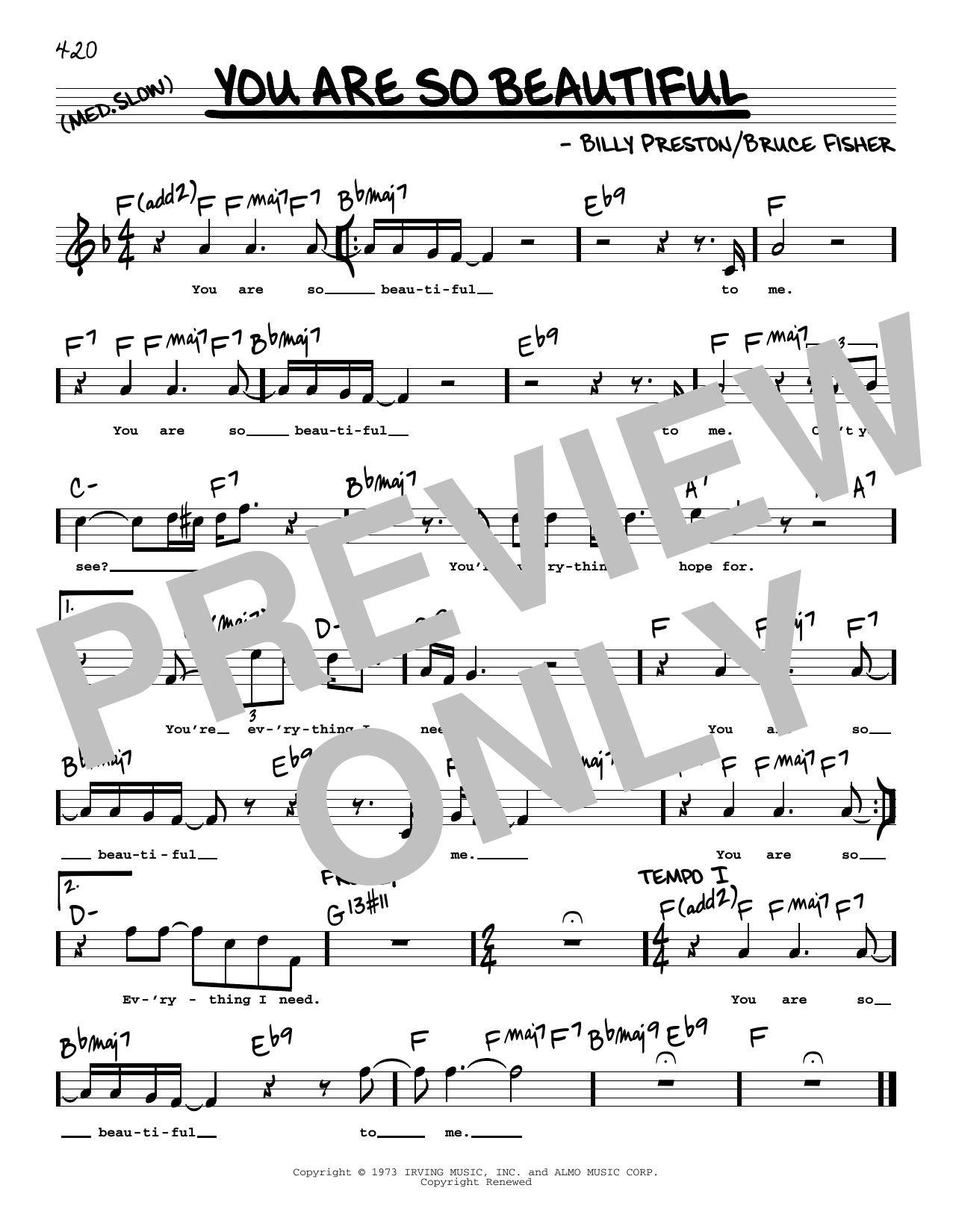 Joe Cocker You Are So Beautiful (High Voice) Sheet Music Notes & Chords for Real Book – Melody, Lyrics & Chords - Download or Print PDF