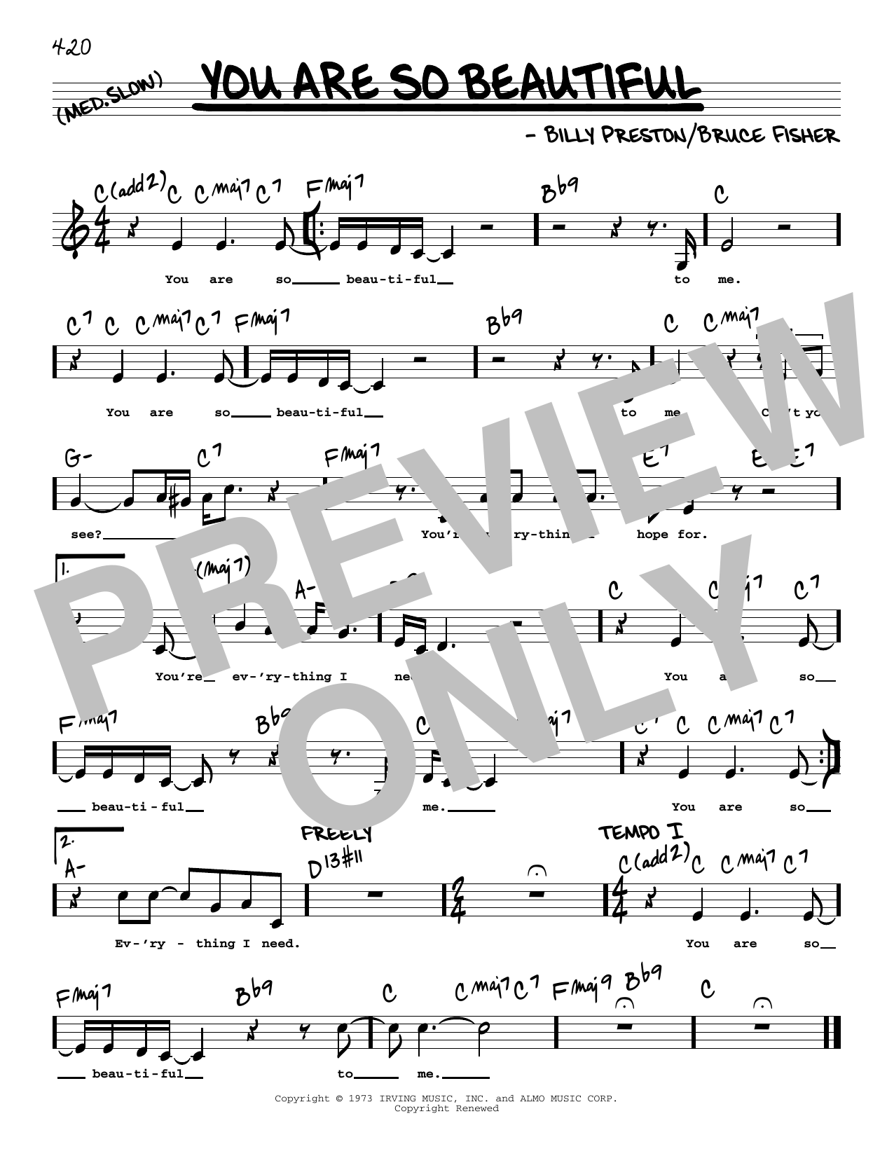 Joe Cocker You Are So Beautiful (Low Voice) Sheet Music Notes & Chords for Real Book – Melody, Lyrics & Chords - Download or Print PDF