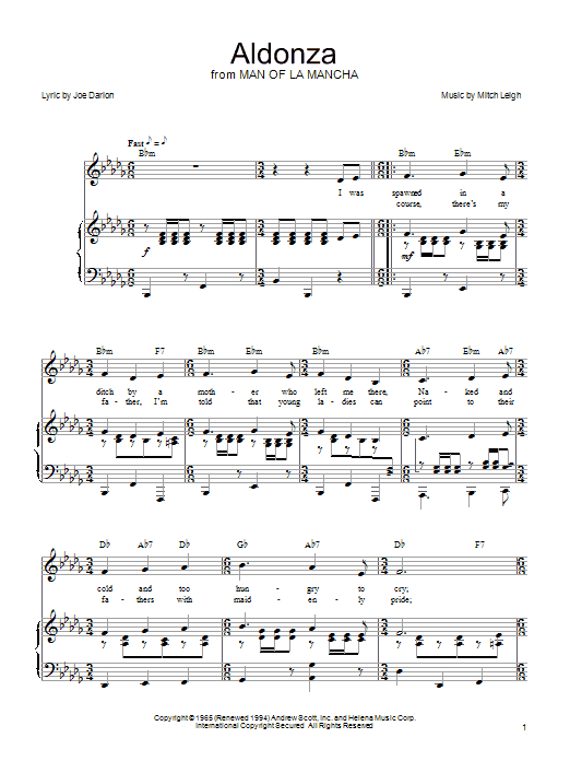 Joe Darion Aldonza Sheet Music Notes & Chords for Piano, Vocal & Guitar (Right-Hand Melody) - Download or Print PDF