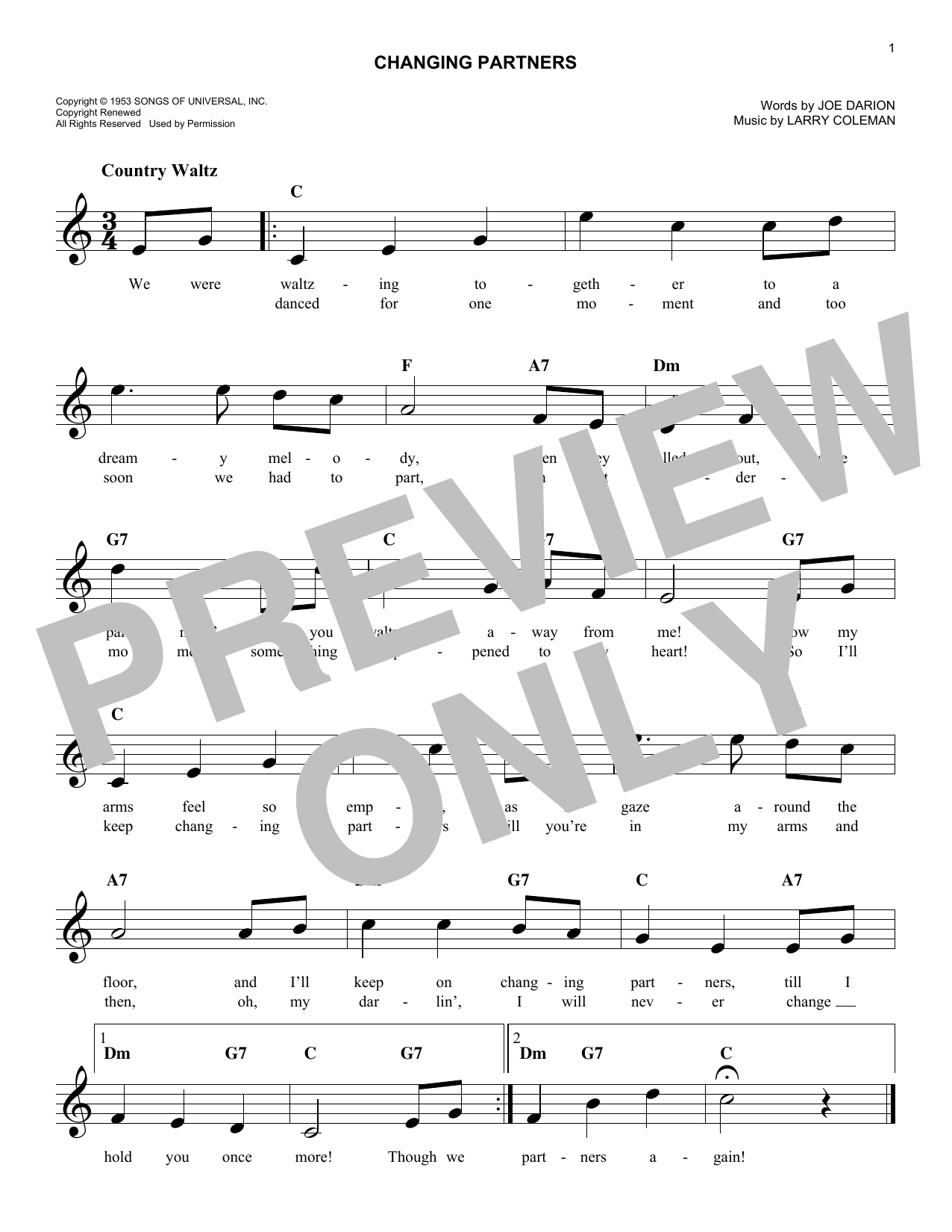 Joe Darion Changing Partners Sheet Music Notes & Chords for Melody Line, Lyrics & Chords - Download or Print PDF