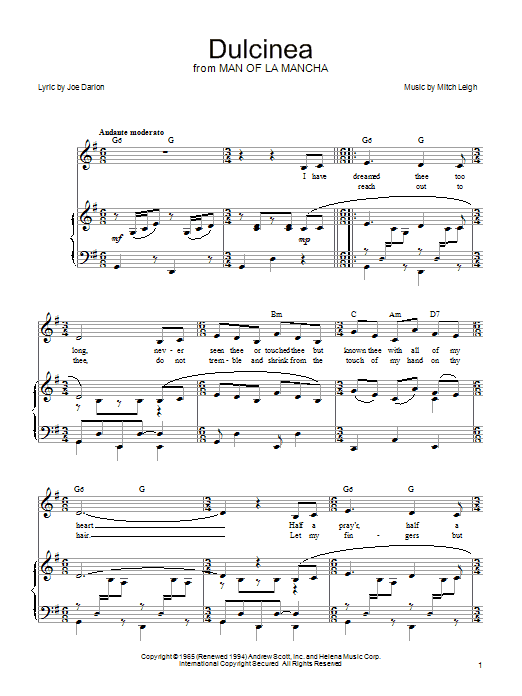 Joe Darion Dulcinea Sheet Music Notes & Chords for Piano, Vocal & Guitar (Right-Hand Melody) - Download or Print PDF