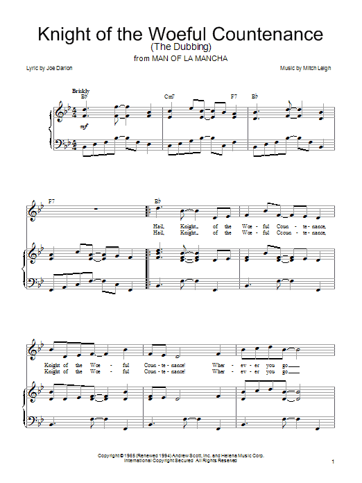 Joe Darion Knight Of The Woeful Countenance (The Dubbing) Sheet Music Notes & Chords for Piano, Vocal & Guitar (Right-Hand Melody) - Download or Print PDF