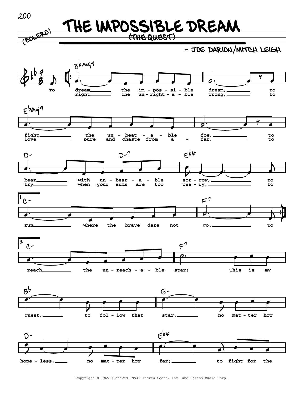 Joe Darion The Impossible Dream (The Quest) (High Voice) Sheet Music Notes & Chords for Real Book – Melody, Lyrics & Chords - Download or Print PDF