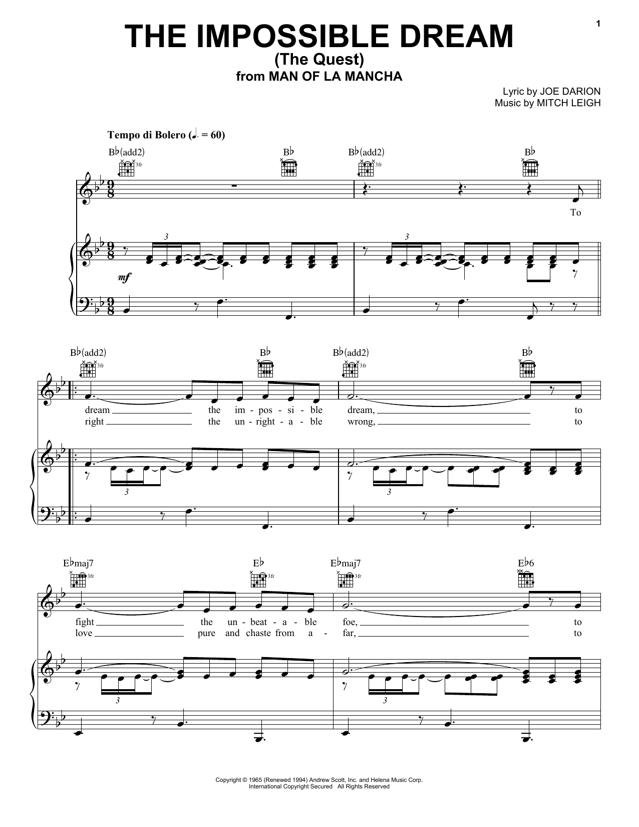 Joe Darion The Impossible Dream (The Quest) Sheet Music Notes & Chords for Guitar Tab - Download or Print PDF