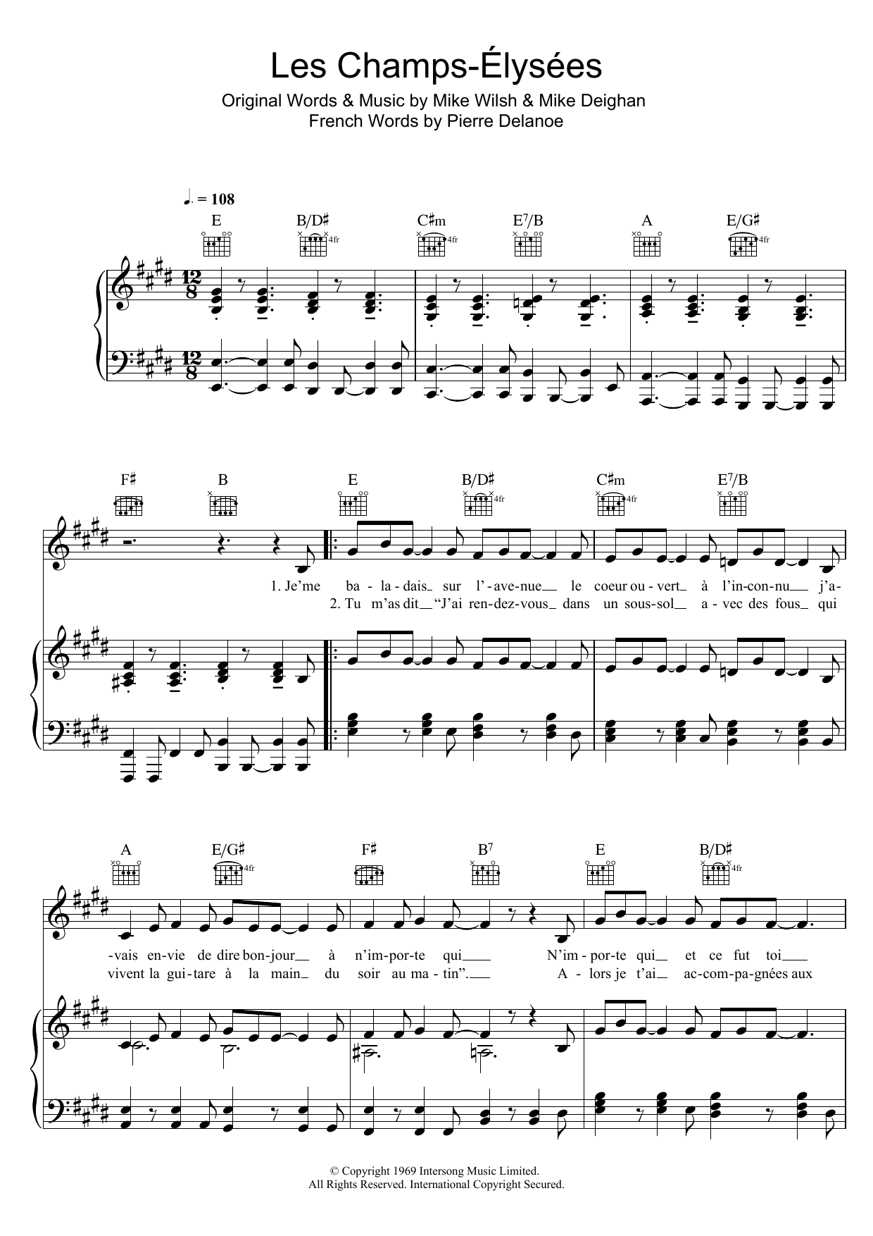Joe Dassin Les Champs Elysees Sheet Music Notes & Chords for Piano, Vocal & Guitar (Right-Hand Melody) - Download or Print PDF