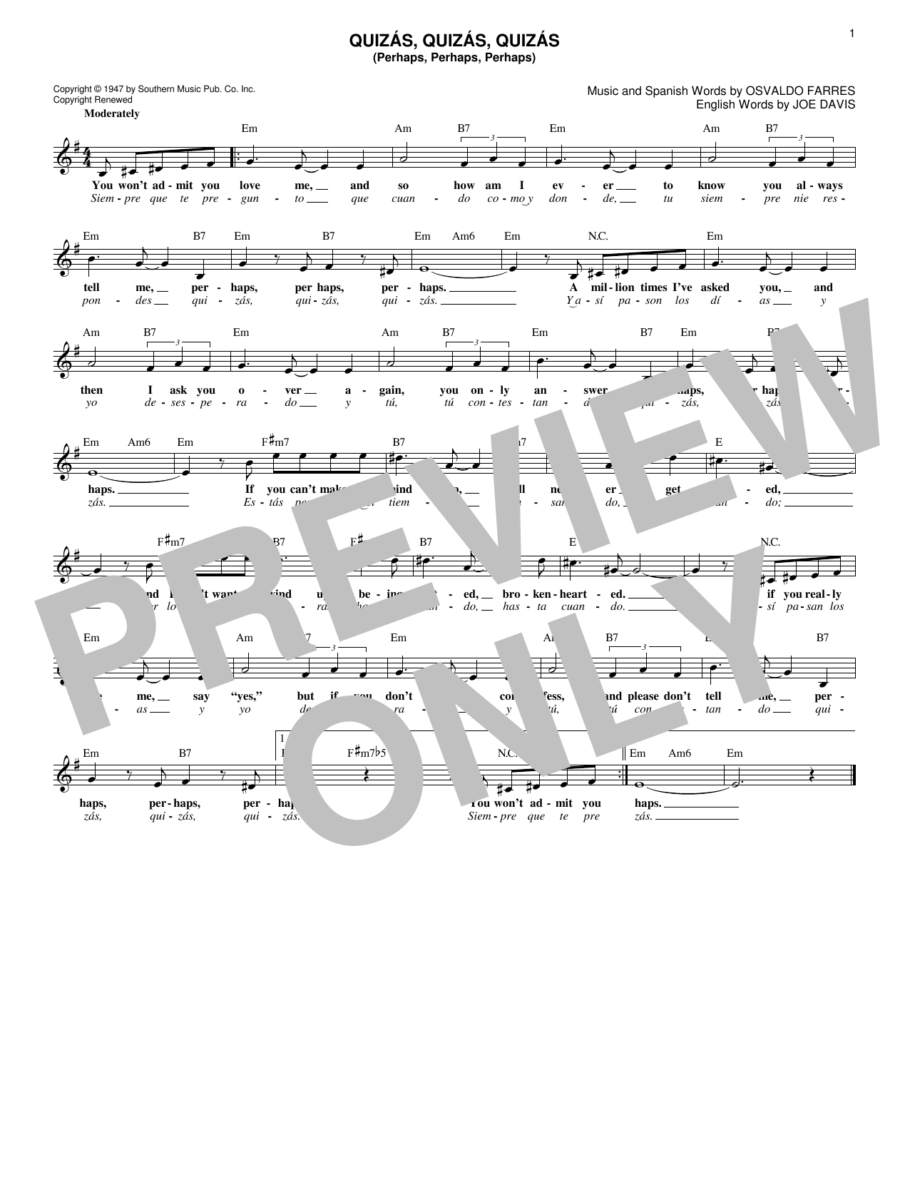 Osvaldo Farres Perhaps, Perhaps, Perhaps (Quizas, Quizas, Quizas) Sheet Music Notes & Chords for Melody Line, Lyrics & Chords - Download or Print PDF