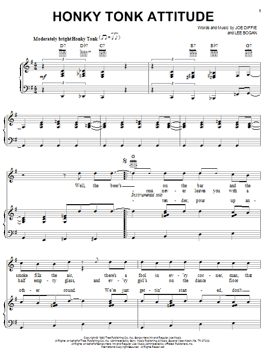 Joe Diffie Honky Tonk Attitude Sheet Music Notes & Chords for Piano, Vocal & Guitar (Right-Hand Melody) - Download or Print PDF