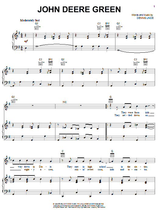 Joe Diffie John Deere Green Sheet Music Notes & Chords for Piano, Vocal & Guitar (Right-Hand Melody) - Download or Print PDF