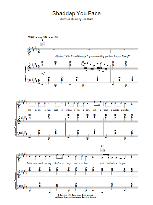 Joe Dolce Shaddap You Face Sheet Music Notes & Chords for Piano, Vocal & Guitar - Download or Print PDF