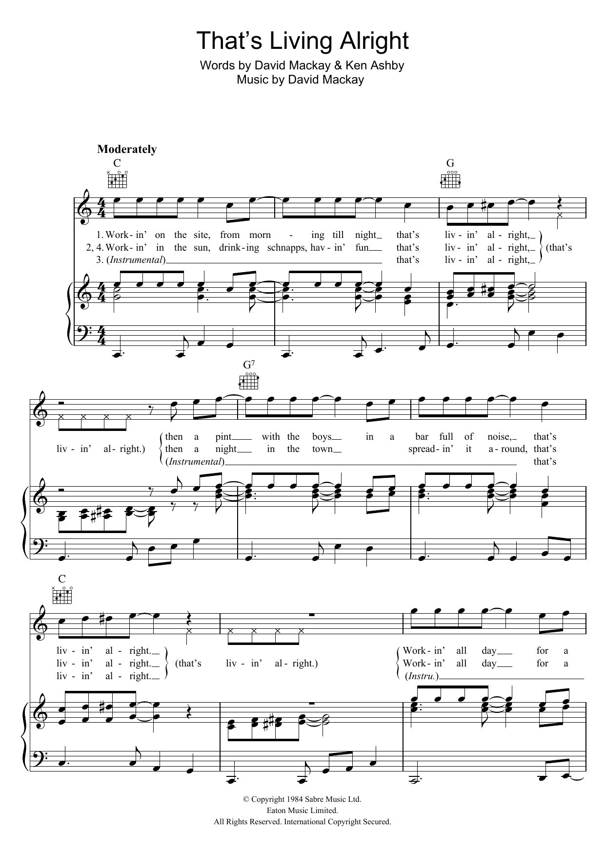 Joe Fagin That's Livin' Alright Sheet Music Notes & Chords for Piano, Vocal & Guitar (Right-Hand Melody) - Download or Print PDF
