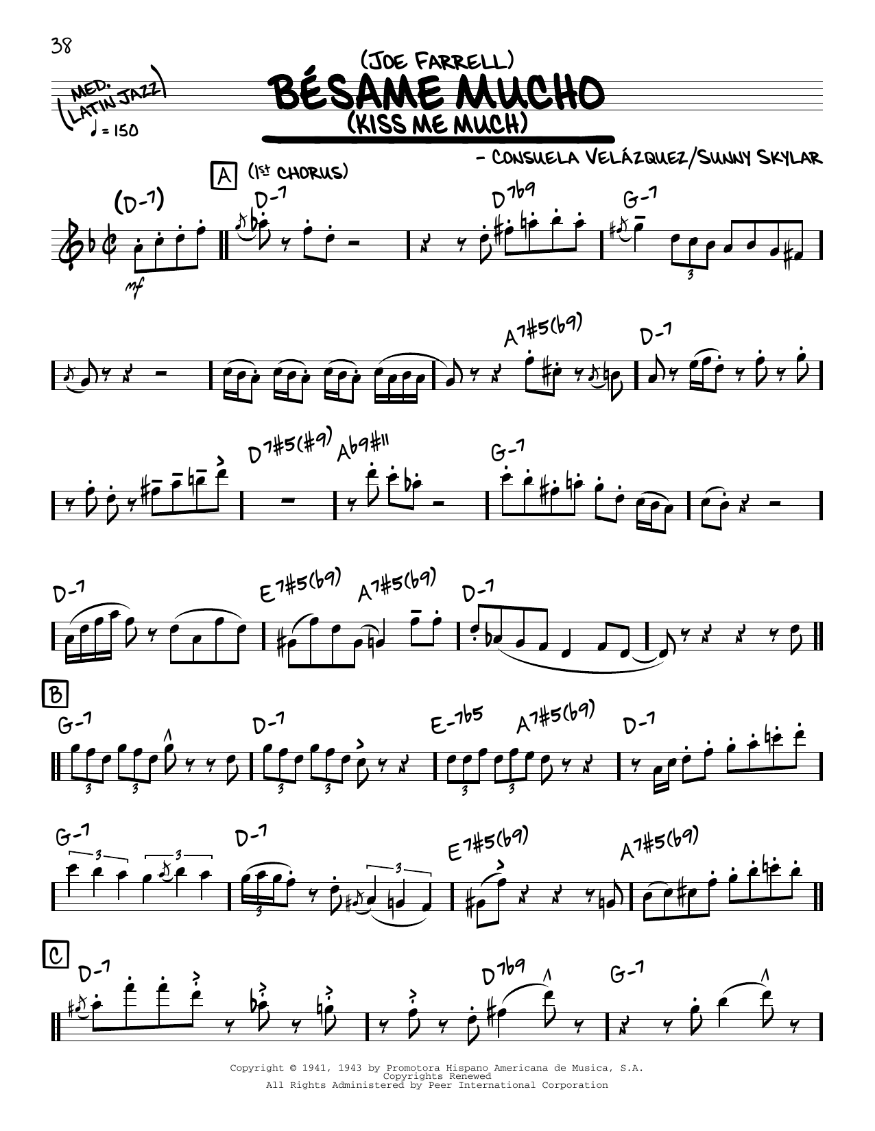 Joe Farrell Bésame Mucho (Kiss Me Much) (solo only) Sheet Music Notes & Chords for Real Book – Melody & Chords - Download or Print PDF