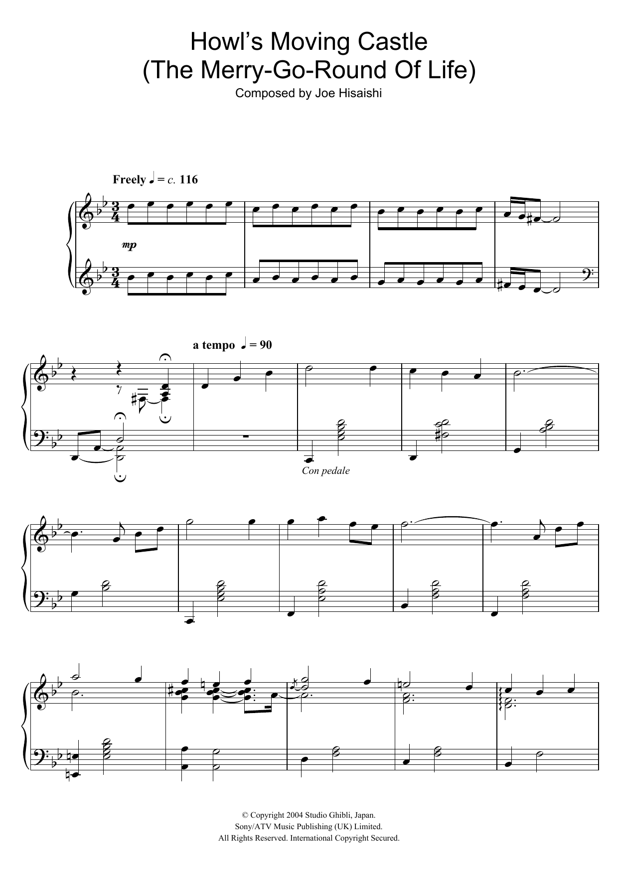Joe Hisaishi Howl's Moving Castle (The Merry-Go-Round Of Life) Sheet Music Notes & Chords for Piano - Download or Print PDF