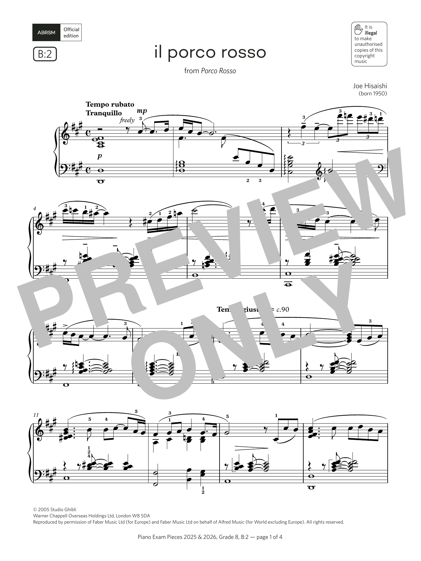 Joe Hisaishi il porco rosso (Grade 8, list B2, from the ABRSM Piano Syllabus 2025 & 2026) Sheet Music Notes & Chords for Piano Solo - Download or Print PDF