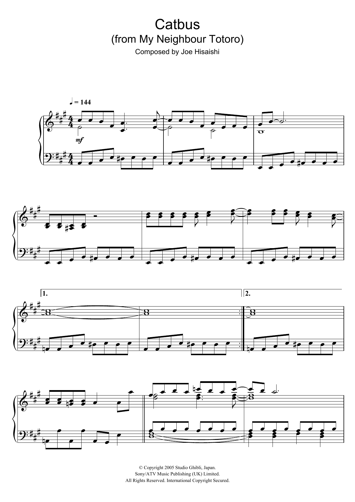 Joe Hisaishi My Neighbour Totoro (Catbus) Sheet Music Notes & Chords for Piano - Download or Print PDF
